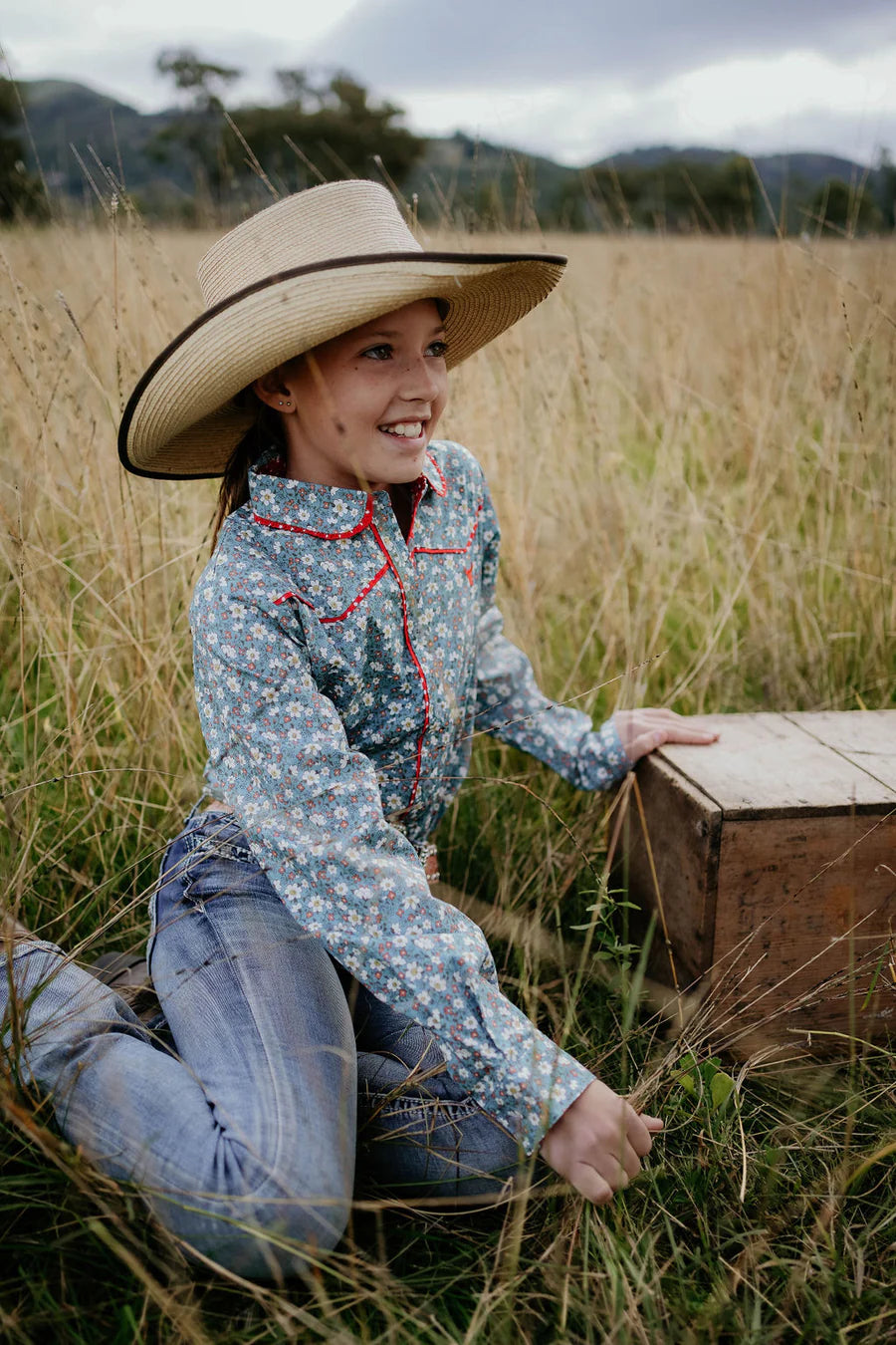 Paris Jnr Foral Blues & Red Western Yoke Long Sleeve Shirt