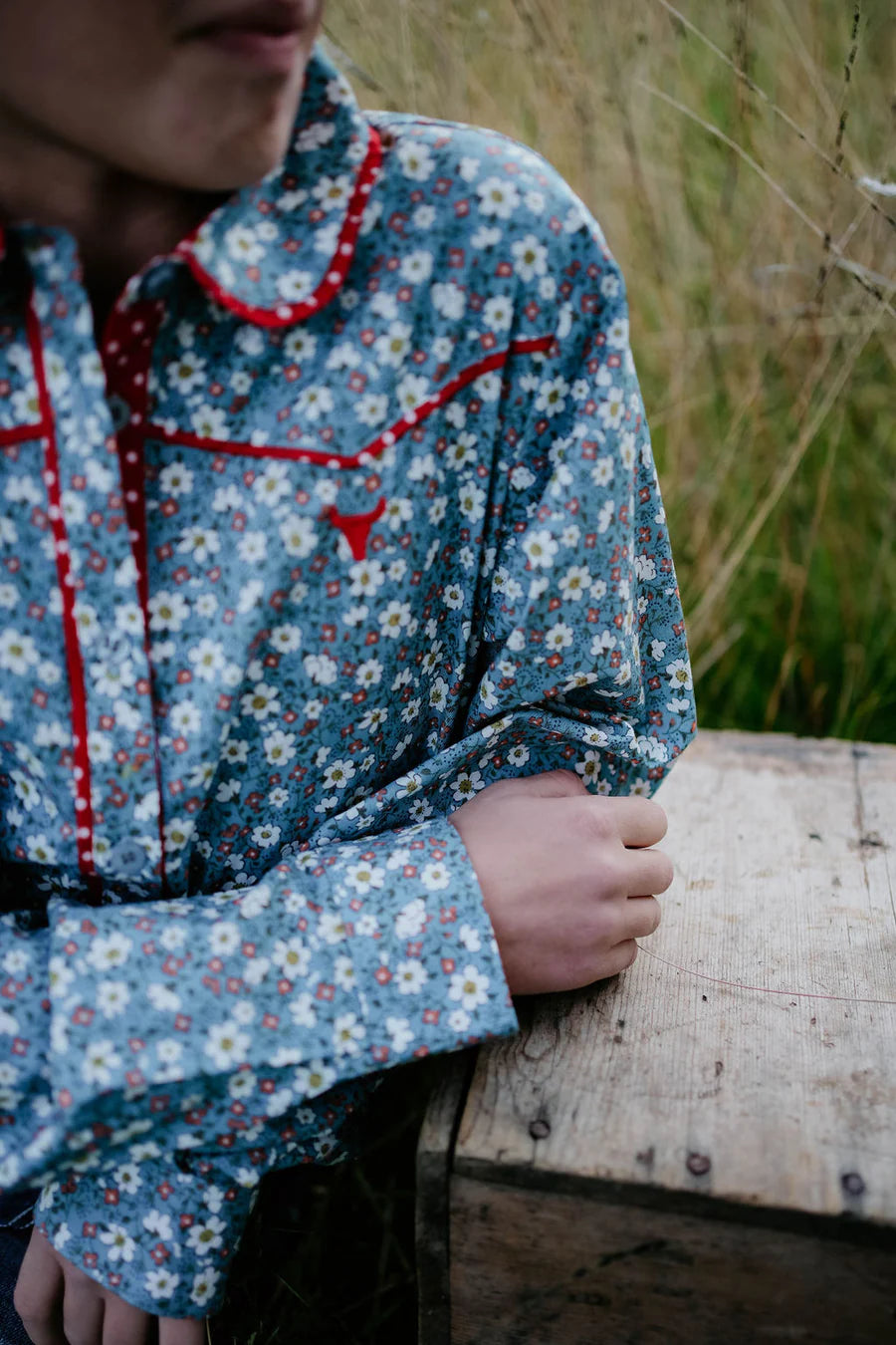 Paris Jnr Foral Blues & Red Western Yoke Long Sleeve Shirt