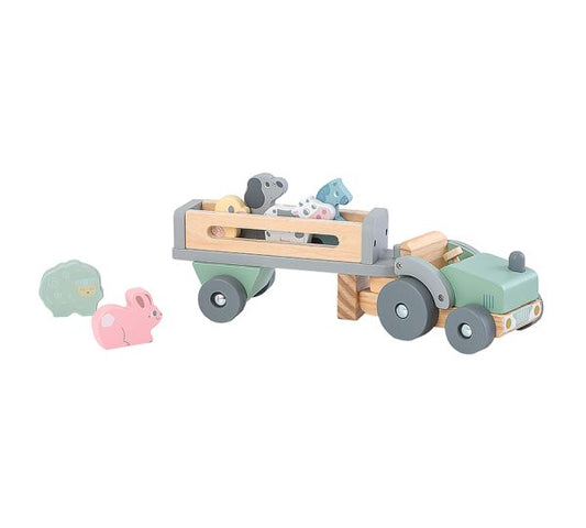 Wooden Tractor With Trailer & Animals