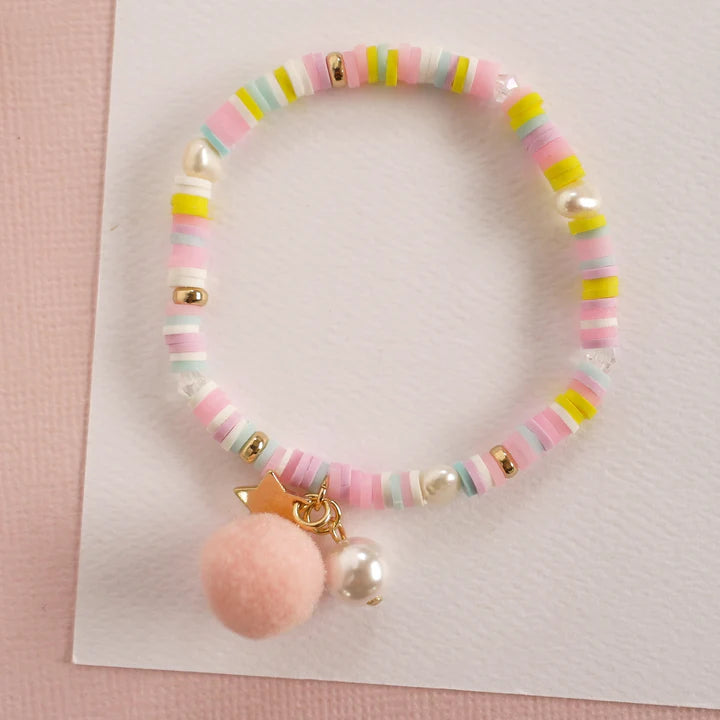 Bracelet with Pom Pom and Pearl- Pastel