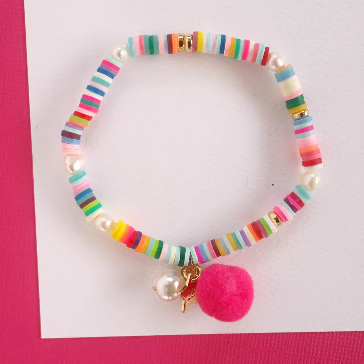 Bracelet with Pom Pom and Pearl- Rainbow