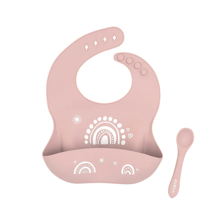 Silicone Catch Bib & Spoon- Rainbow Dusty Pink