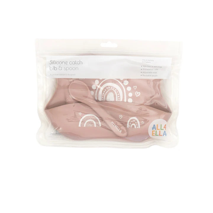 Silicone Catch Bib & Spoon- Rainbow Dusty Pink