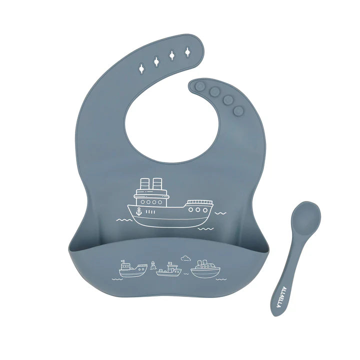 Silicone Catch Bib & Spoon- Boats Slate Blue