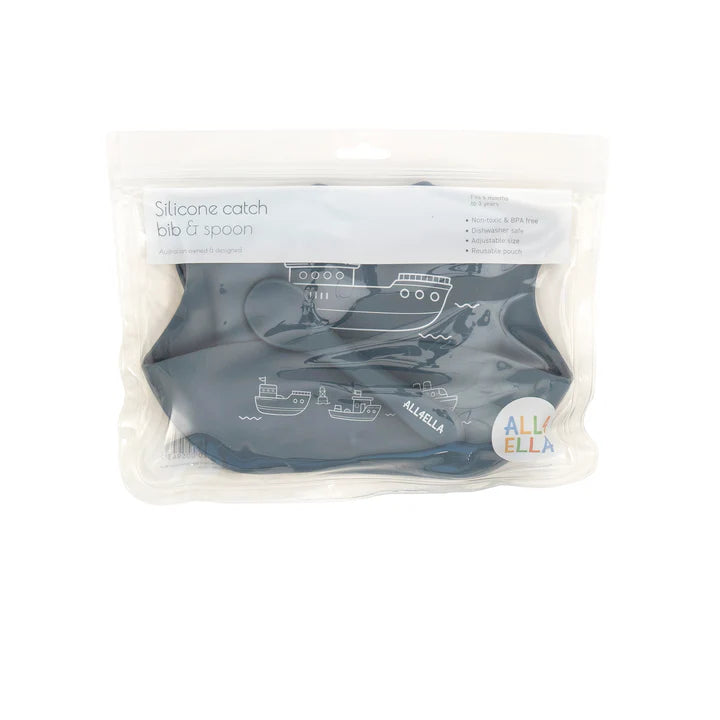 Silicone Catch Bib & Spoon- Boats Slate Blue